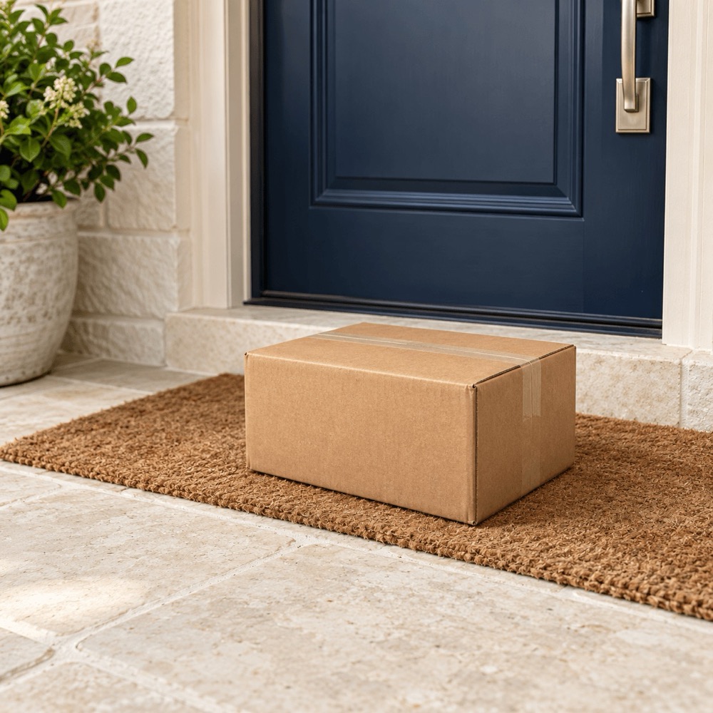 A plain cardboard box on a doormat at a front door