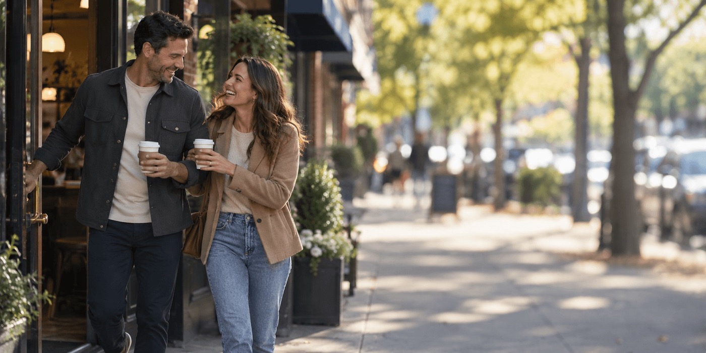 A man leaving a neighborhood cafe with coffee